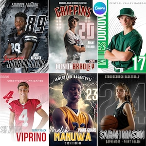 Pacote de 7 modelos esportivos do Canva | Crie pôsteres personalizados, faixas para idosos, cartões de beisebol, fundos de futebol e basquete, modelos de fotos