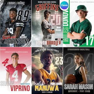 7 Canva Sports Templates Bundle Create Custom Posters, Senior Banners, Baseball Cards, Football & Basketball Backdrops, Photo Templates image 1