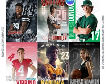 7 Canva Sport Vorlagen Bundle | Erstellen Sie benutzerdefinierte Poster, Senior Banners, Baseballkarten, Fußball- und Basketball-Hintergründe, Fotovorlagen