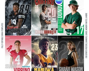 Pacchetto di 7 modelli sportivi Canva / Crea poster personalizzati, striscioni per anziani, figurine di baseball, fondali per calcio e basket, modelli fotografici