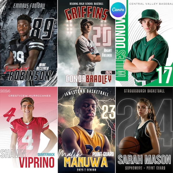 7 Canva Sport Vorlagen Bundle | Erstellen Sie benutzerdefinierte Poster, Senior Banners, Baseballkarten, Fußball- und Basketball-Hintergründe, Fotovorlagen