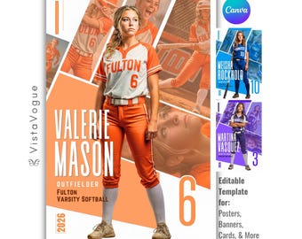 Modello per poster di softball / Modificabile in Canva / Banner sportivo personalizzato, figurina di softball, poster sportivo per senior e Memory Mate / Sfondo digitale