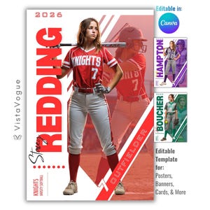 May include: A digital sports poster template featuring a softball player in a red and white uniform with the number 7, holding a bat. The design includes the text REDDING, 2026, KNIGHTS VARSITY SOFTBALL, and OUTFIELDER, with additional smaller preview examples.