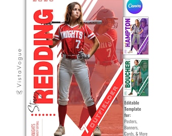 Modello di poster per softball / Modificabile in Canva / Per banner, tessere giocatore, serata senior, ricordo fotografico sportivo, regalo / sfondo di squadra