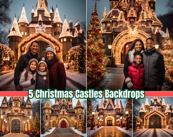 5 Christmas Castle Digital Backdrops: Holiday Family Portrait Background for Christmas Photoshoots & Card Idea | PNG Xmas Castle Background