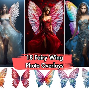 May include: 18 Fairy Wing Photo Overlays. A set of 18 digital overlays featuring various fairy wings in different colors and styles. The wings are perfect for adding a magical touch to photos.