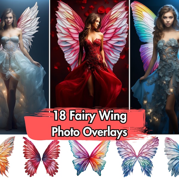 18 Fairy Wings Transparent Overlays | Large Fairy & Angel Wing Backdrop | Butterfly Wing Designs for Pixie Photography | Photoshop Overlay