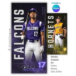 May include: A digital sports poster template featuring a baseball player in a purple and white uniform with the text FALCONS 17, and a second template featuring a player in a yellow and black uniform with the text HORNETS 9, both editable in Canva.