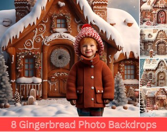 8 Gingerbread House Digital Backdrops for Christmas Photography | Winter Holiday Photo Background for Christmas Cards & Cute Seasonal Images
