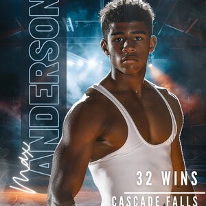 May include: A portrait of a young man in a white wrestling singlet. The image includes the text "Max Anderson" and "2024" vertically, with "32 Wins" and "Cascade Falls Wrestling" below the subject.