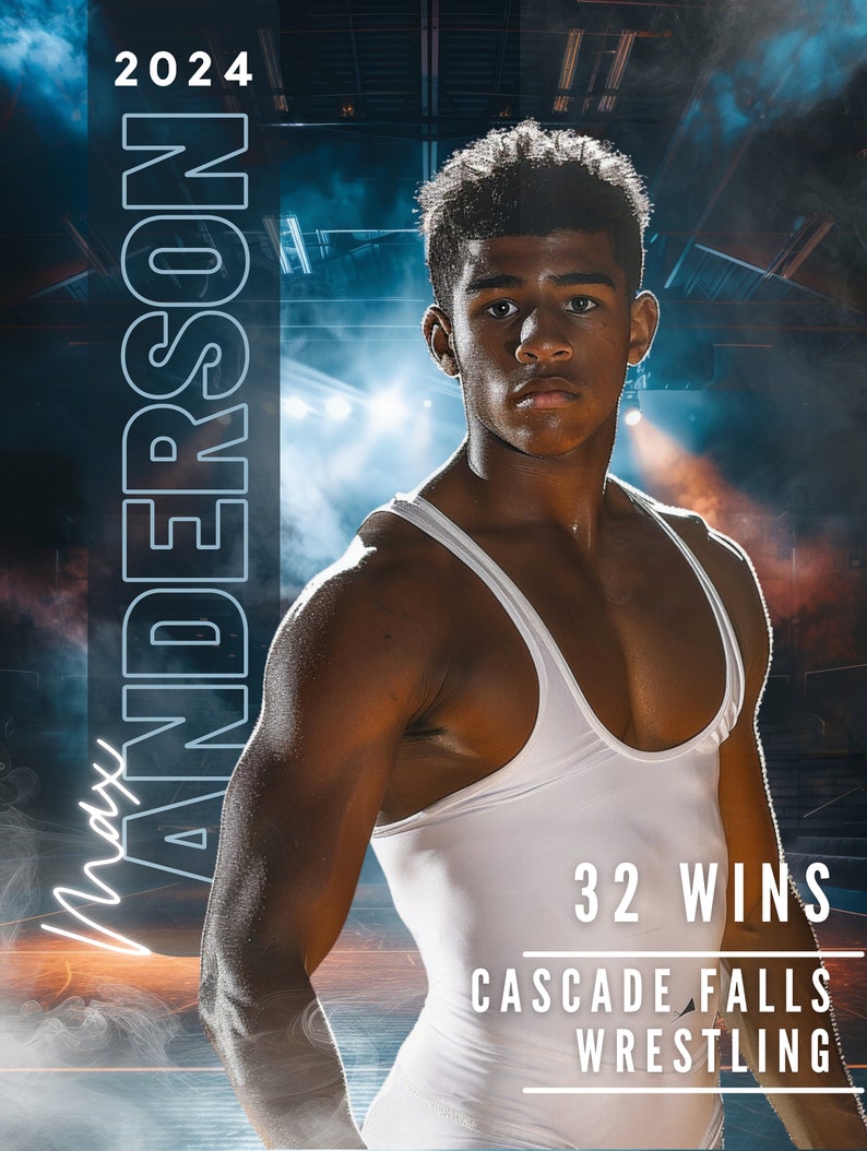 May include: A portrait of a young man in a white wrestling singlet. The image includes the text "Max Anderson" and "2024" vertically, with "32 Wins" and "Cascade Falls Wrestling" below the subject.