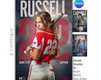 Modello di poster per softball / Modificabile in Canva / Banner per senior, Memory Mate e scheda giocatore / Sfondo modificabile per la fotografia di squadre sportive