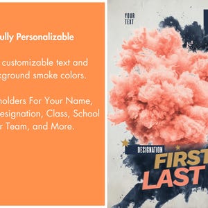 May include: A customizable design with text and background smoke colors. The design includes placeholders for name, year, designation, class, school, or team. The design features a peach-colored smoke cloud with dark blue accents and gold stars.