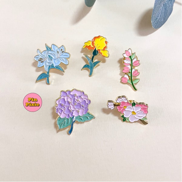 Lily, Hydrangea, Daffodil Enamel Pin Set | Cute Flower Brooch, Florist Gifts, Flower Lapel Pin, Backpack Bag Tattoo Pin, Aesthetic Pin