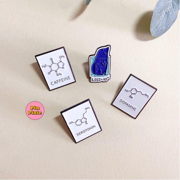 Science Enamel Pin | Chemistry Lapel Pin, Avogadro's Number Mole, Serotonin, Caffeine Coffee Lovers, Dopamine, Kawaii Pins, Gift Set Pins