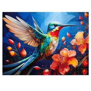 1,000 Piece Jigsaw Puzzle for Adults: Painting of a majestic hummingbird surrounded by vibrant flowers and berries