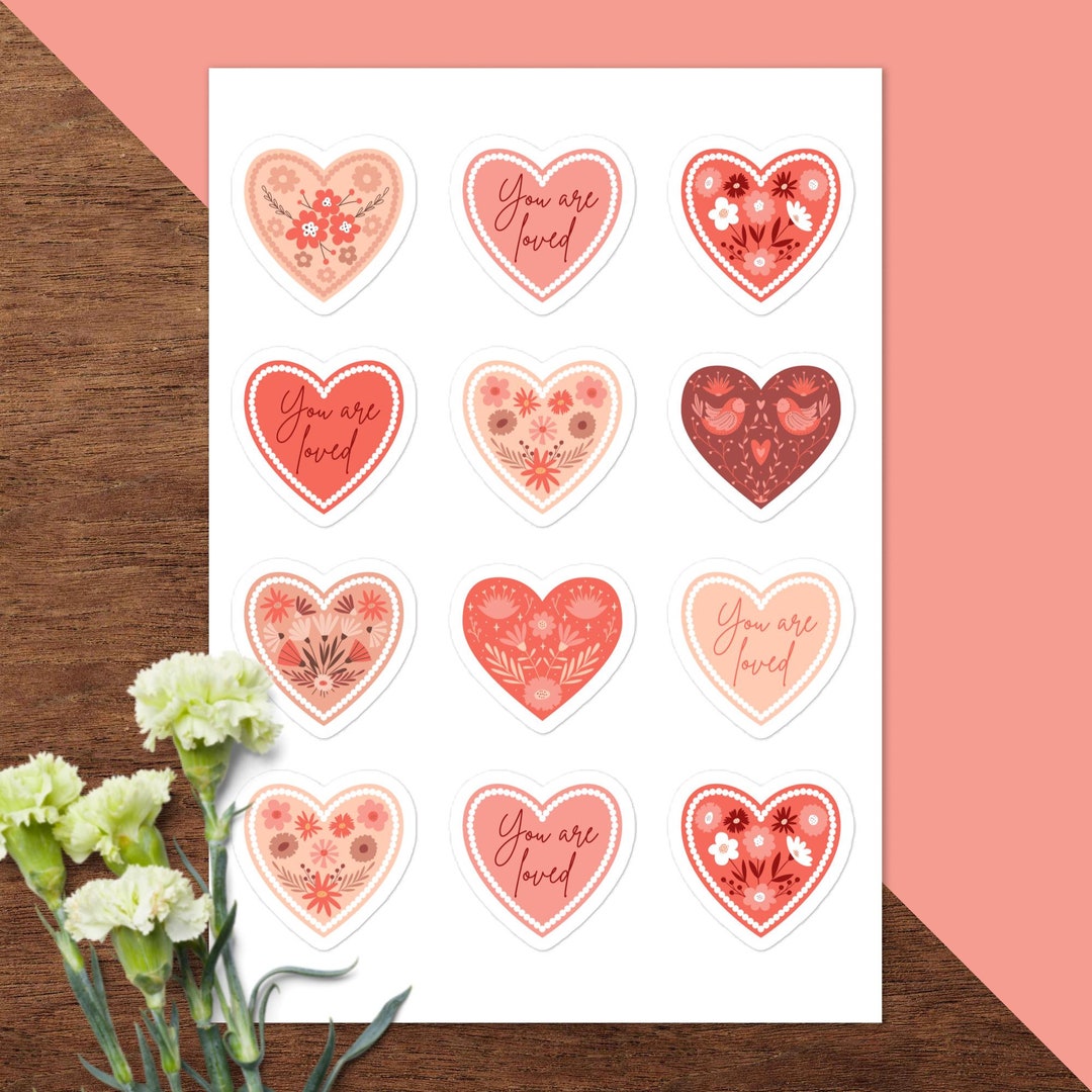 Valentines Day Vinyl Sticker Sheet Scandinavian Folk Art Inspired