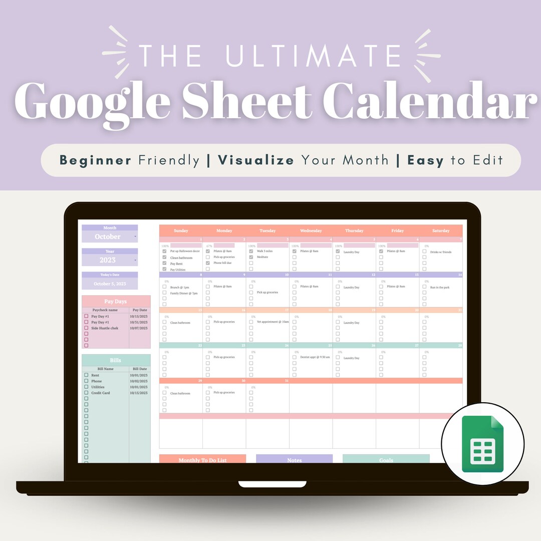 2024 2025 Google Sheets Calendar, Payday and Bills Calendar Spreadsheet