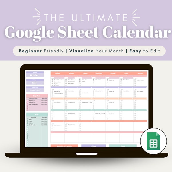 2024 2025 Google Spreadsheets Kalender, Betaaldag- en facturenkalenderspreadsheet, Digitale Planner Google Bladkalender, Maandelijkse kalendersjabloon.