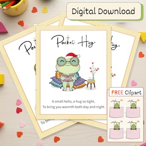 May include: Digital download featuring a cartoon frog wearing glasses and a Santa hat, reading a book, with the words "Pocket Hug." The image includes text: "A small hello, a hug so tight, To bring you warmth both day and night."