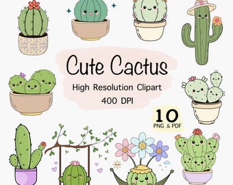 Kawaii Cactus Clipart Bundle: Succulent PNG and PDF Stickers (Digital Download)