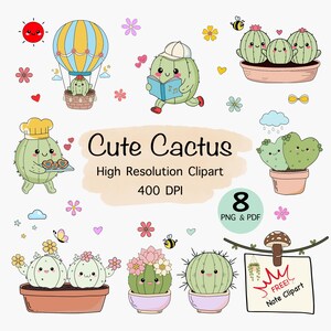 Kawaii Cactus Clipart Bundle, Happy Plant PNG and PDF - Planner Clipart - Instant Download