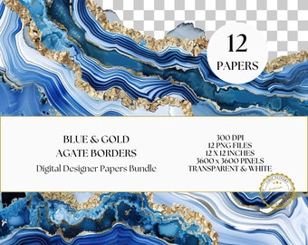 Blue & Gold Agate Borders, Marble Texture Clipart, 12 PNG, 300 DPI, 12x12in, Commercial Use, Digital Paper Pack, Patterns, Background BG001