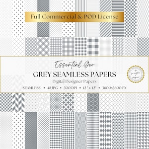 Papeles digitales geométricos grises, 48 patrones sin costuras gris claro, cuadros vichy grises, rayas, lunares, pata de gallo, tablero de ajedrez y cuadros.