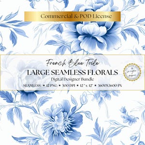 French blue toile floral digital papers in grand scale with seamless vintage-inspired blue and white flower patterns, elegant oversized blooms, and soft romantic botanical styling for junk journals, scrapbooking, card making, invitations, planner pages, and printable craft projects.
