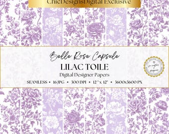 Purple Toile De Jouy Digital Paper, Lilac Chinoiserie Floral Patterns, 16 Seamless Pastel Floral Backgrounds, Vintage French Toile