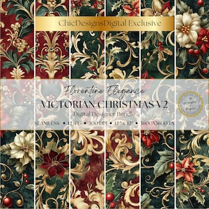 Papeles digitales navideños florentinos victorianos: 12 patrones navideños vintage sin costuras en verde y dorado para álbumes de recortes, scrapbooking y manualidades.