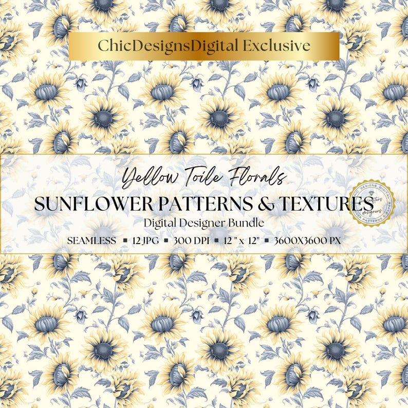 Yellow Sunflower Patterns & Linen Textures: Floral Toile Digital Papers ...