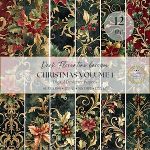 Weihnachten Florentiner Digitales Papier, 12 dunkle barocke nahtlose Muster, Scrapbooking, Junk Journal, sofortiger digitaler Download, kommerzielle Nutzung