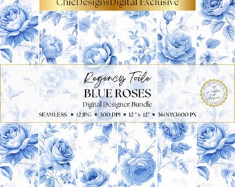 Regency Blue Rose Toile Digital Papers: 12 Seamless Vintage Floral Patterns for Scrapbooking, Junk Journals, Invitations, Cards & Crafts