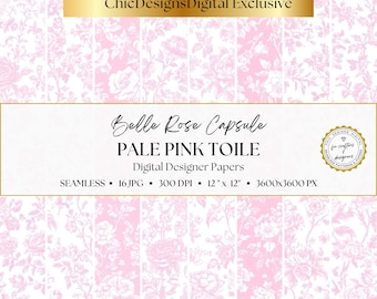 Pale Pink Toile Digital Papers, Chinoiserie Floral Patterns, 16 Seamless Blush Pink Floral Backgrounds, French Toile de Jouy Paper