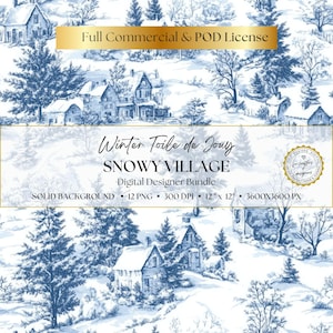 Winter Toile de Jouy Digitales Papier, Verschneites Dorf & Landschaftsmuster, Nahtloser Designhintergrund, Gästebuch, Junk Journal, Kommerzielle Nutzung