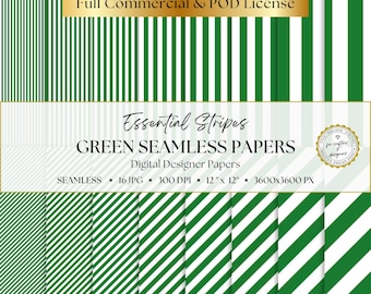 May include: A collection of green and white striped digital papers featuring various stripe widths and angles. The text reads: Full Commercial & POD License, Essential Stripes, GREEN SEAMLESS PAPERS, Digital Designer Papers, SEAMLESS, 16 JPG, 300 DPI, 12" x 12", 3600x3600 PX.