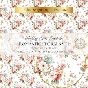 May include: A digital designer bundle with a seamless floral pattern. The design features pink, peach, and blue flowers on a white background. The text reads "Shabby Chic Capsule ROMANTIC FLORALS VO1". The image also includes the text "ChicDesignsDigital Exclusive".