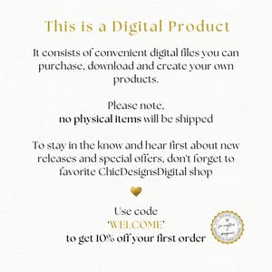 Może przedstawiać: Kremowe ogłoszenie produktu cyfrowego ze złotym tekstem. Tekst brzmi "This is a Digital Product" i opisuje pliki do pobrania. Zawiera kod rabatowy "WELCOME" na 10% zniżki i logo sklepu.