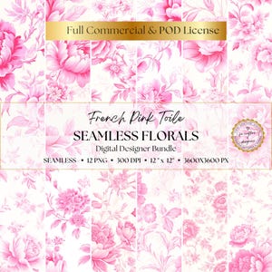 Papel digital Toile de Jouy con estampado floral rosa francés, 12 patrones sin costuras, álbumes de recortes, diario basura, descarga digital instantánea, uso comercial