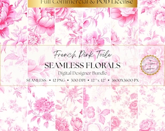 French Pink Floral Toile de Jouy Digital Paper, 12 Seamless Patterns, Scrapbooking, Junk Journal, Instant Digital Download, Commercial Use