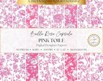 Pink Toile Digital Papers, Chinoiserie Floral Patterns, Seamless Pink & White Floral Backgrounds, French Toile Scrapbook Junk Journal Paper