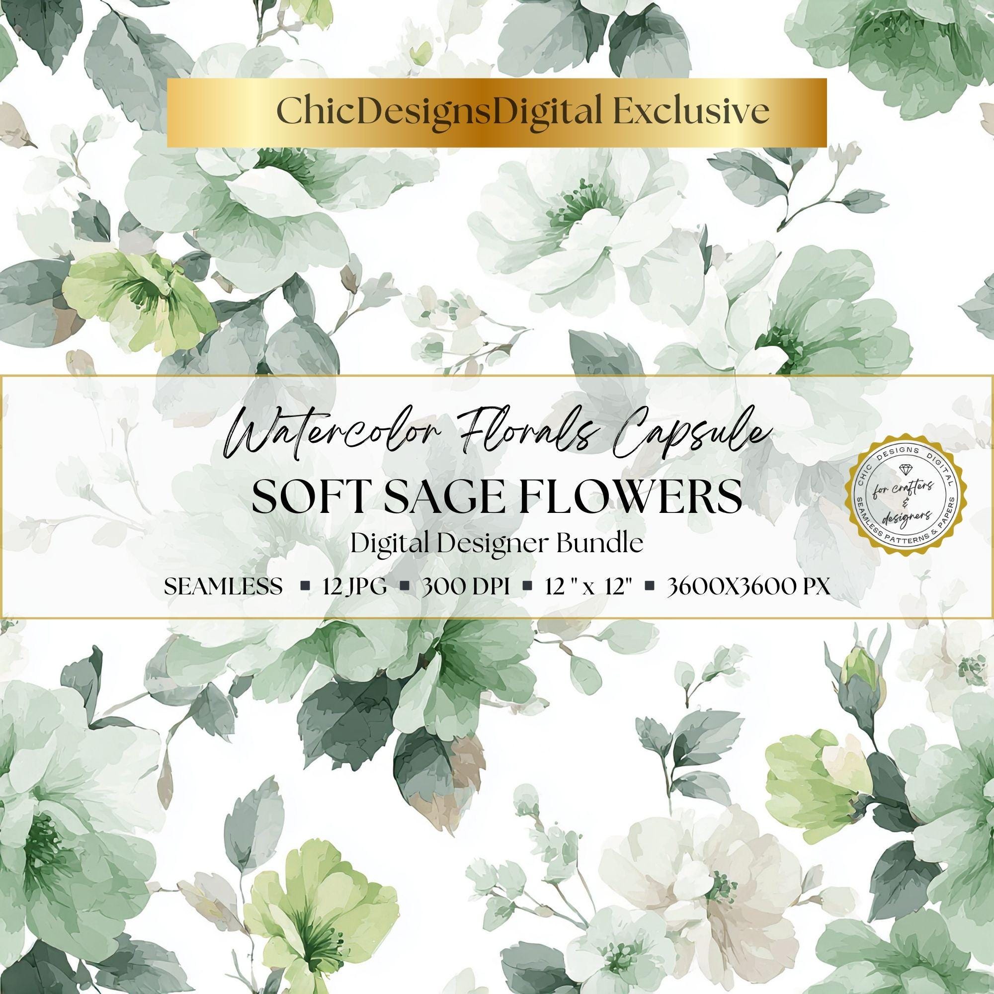 Sage Green Watercolor Floral Digital Papers: 12 Seamless Botanical ...