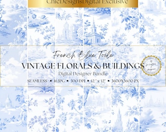 Cyfrowe papiery French Blue Toile de Jouy: 16 bezszwowych wzorów kwiatowych w stylu vintage z malowniczymi budynkami do dzienników, scrapbookingu i rękodzieła