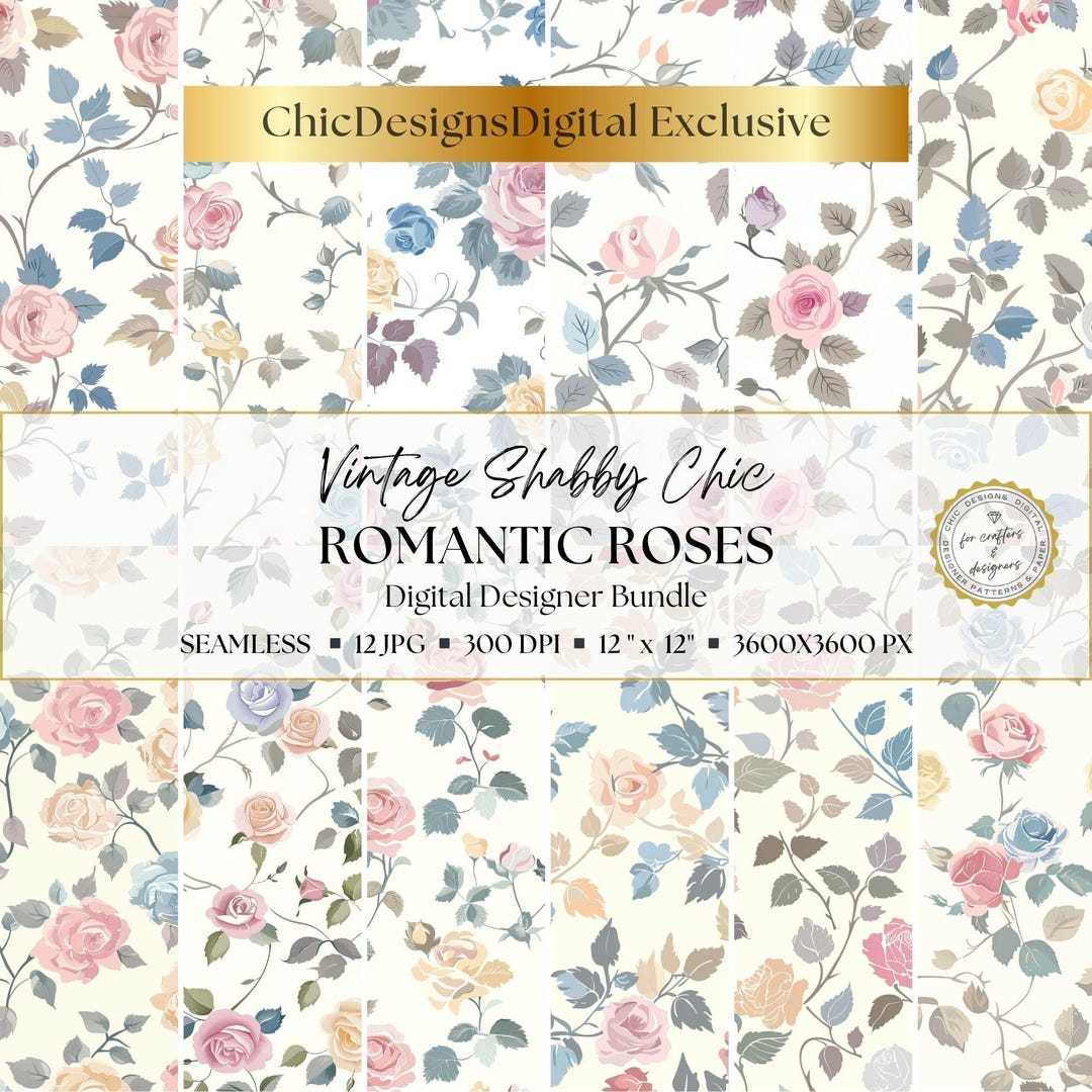 Vintage Floral Digital Papers: 12 Seamless Rose Patterns, Pastel ...
