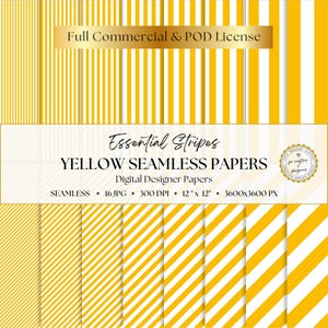May include: A collection of digital papers featuring yellow and white stripes in various widths and angles. The text reads Full Commercial & POD License, Essential Stripes, YELLOW SEAMLESS PAPERS, Digital Designer Papers, SEAMLESS, 16 JPG, 300 DPI, 12 x 12, 3600x3600 PX.