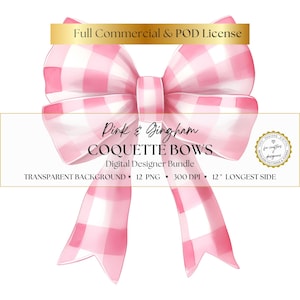 Pink & Gingham Coquette Ribbon Bow, Watercolor Clipart, Elegant Pastel Bows, Sublimation PNG for Nursery Wall Art, Card Making, Scrapbooking