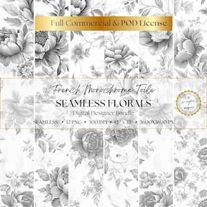 Schwarz & Weiß Floral Toile de Jouy Digitales Papier, 12 monochrome PNG Muster, Scrapbooking, Junk Journal, sofortiger digitaler Download