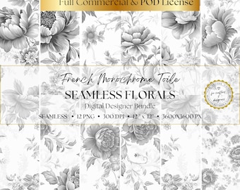 Black & White Floral Toile de Jouy Digital Paper, 12 Monochrome PNG Seamless Patterns, Scrapbooking, Junk Journal, Instant Digital Download