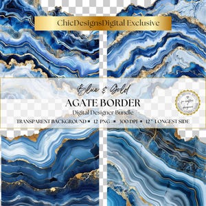 Blue & Gold Agate Borders, Luxury Marble Geode Clipart, PNG Overlay, Gold Agate Design Elements for Crafts and Sublimation, Digital Download